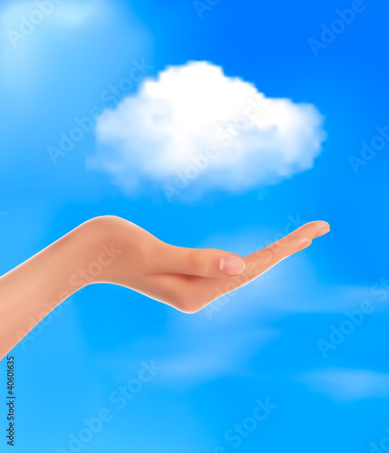 Cloud computing concept  Hand with blue sky