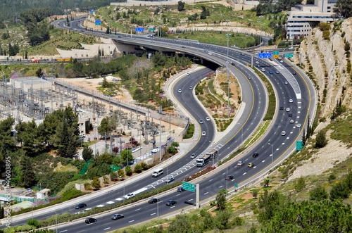 highway with many cars in Jerusalem, top view
