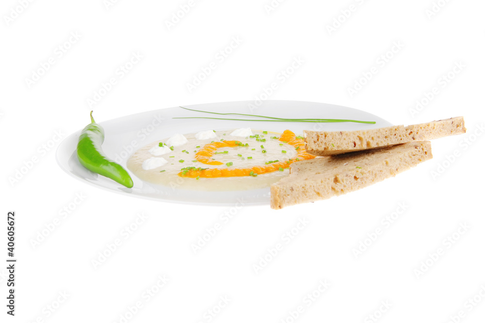 isolated salmon soup with bread and pepper isolated salmon soup with bread and pepper