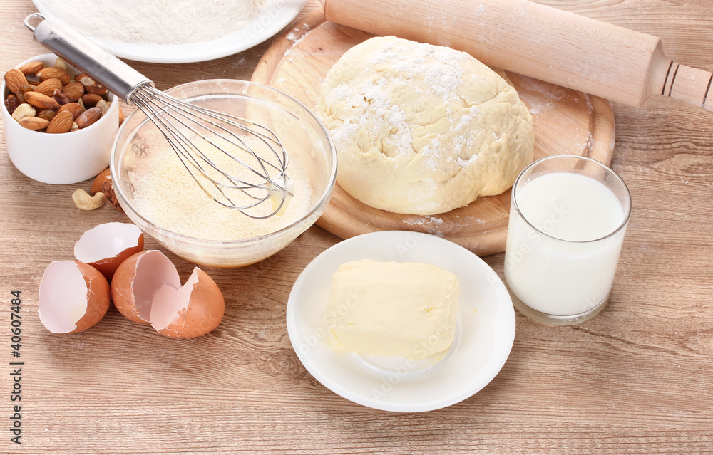 Ingredients for the dough wooden table Ingredients for the dough wooden table