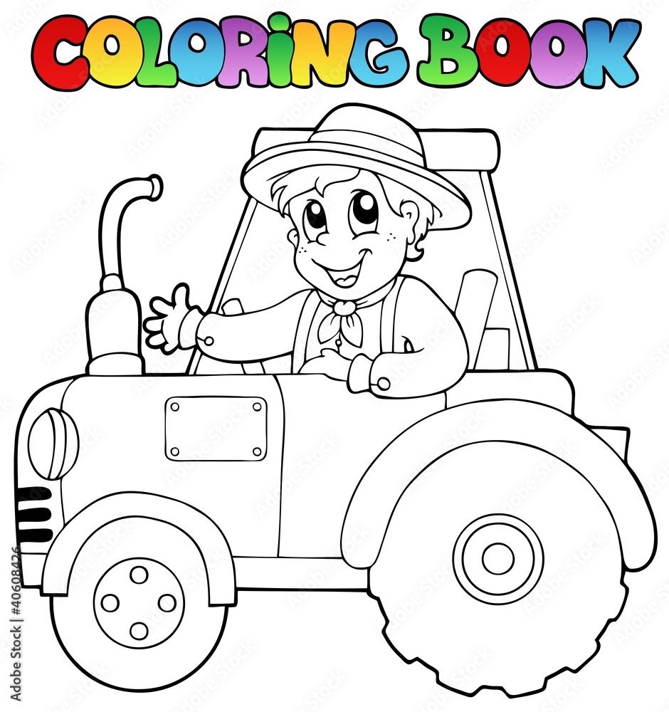 Naklejka premium Coloring book farmer on tractor