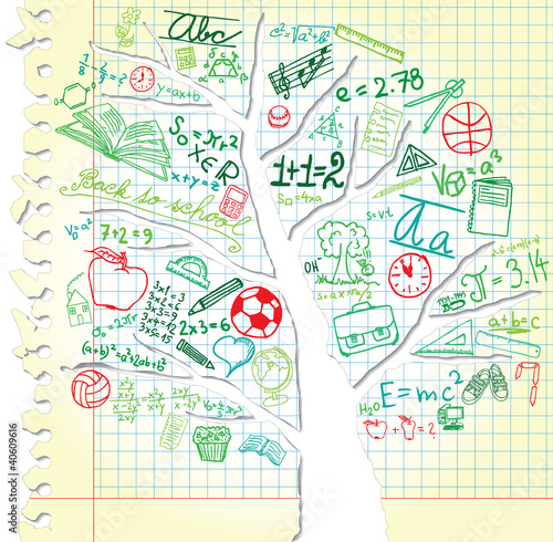Paper with tree and colorful school symbols