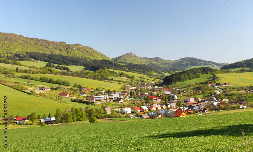 settlement in the mountains among the green pastures