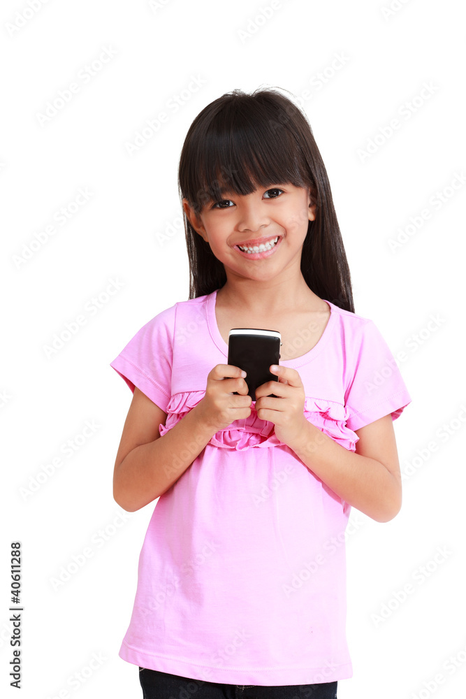 Smiling little girl with mobile phone, Isolated on white Smiling little girl with mobile phone, Isolated on white