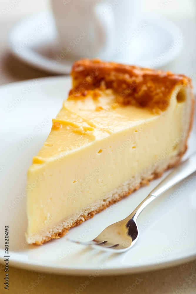 Piece of Cheesecake and Cake Fork on a Plate