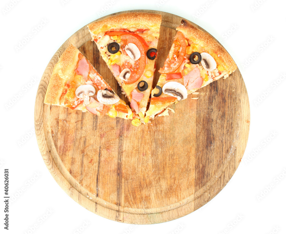 Three slices of pizza close-up isolated on white