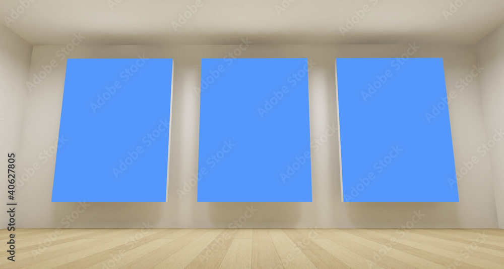 Fototapeta premium Clean school room with three blue chroma key backdrop, 3d art co