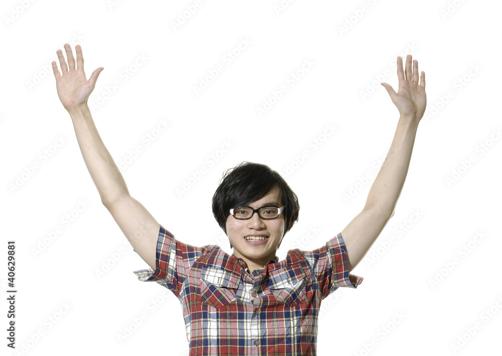 Casual young asian man throwing his arms up in the air Casual young asian man throwing his arms up in the air