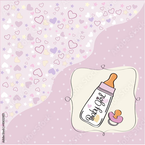 new baby girl announcement card with milk bottle and pacifier