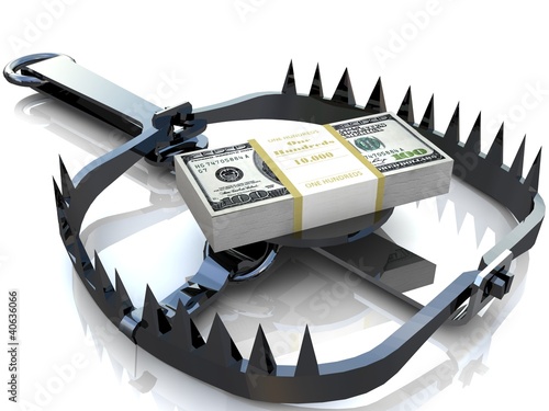 Finance risk concept. Dollar banknotes on bear trap.