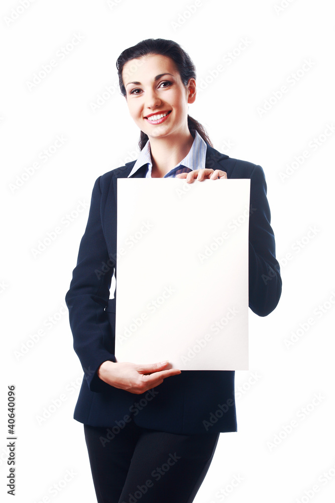 Attractive business woman with empty paper sheet Attractive business woman with empty paper sheet
