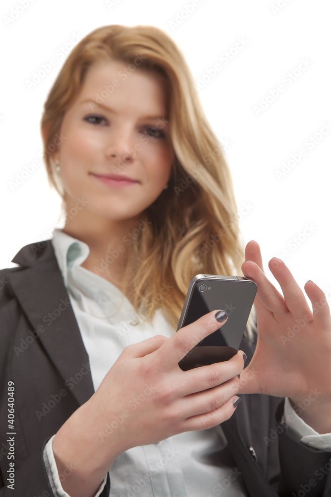 junge blonde Frau business look mit smartphone junge blonde Frau business look mit smartphone