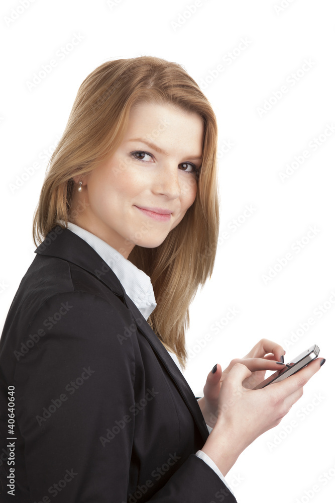 junge blonde Frau business look mit smartphone