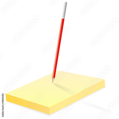 stack of paper and a red pencil isolated on white background