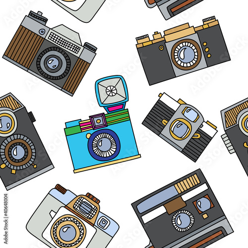 Seamless pattern with cartoon retro cameras