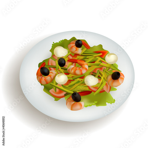 shrimp salad with avocado olives on  plate