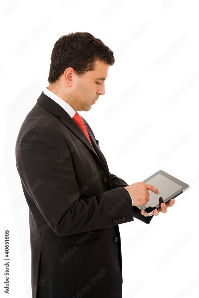 Portrait of handsome business man with tablet computer. Isolated Portrait of handsome business man with tablet computer. Isolated