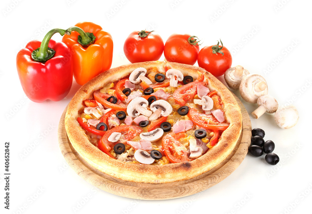 Aromatic pizza with vegetables and mushrooms isolated on white Aromatic pizza with vegetables and mushrooms isolated on white