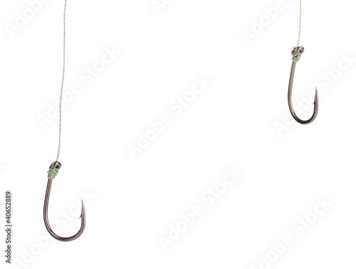 Fotografia, Obraz Two single fish hooks isolated on white