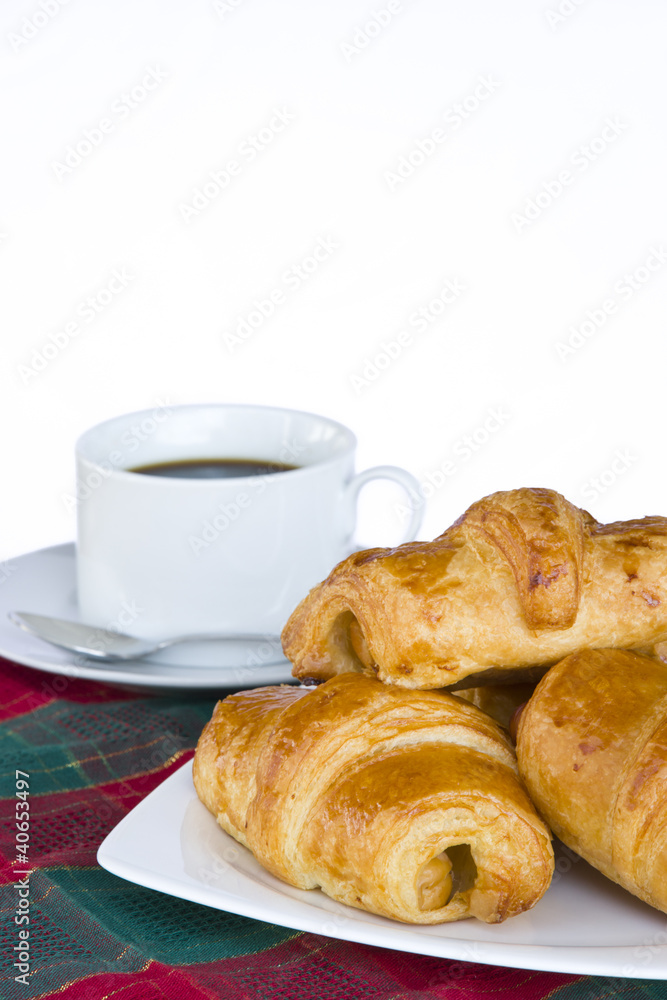 Breakfast with a cup of black coffee and croissants, Shallow DOF Breakfast with a cup of black coffee and croissants, Shallow DOF