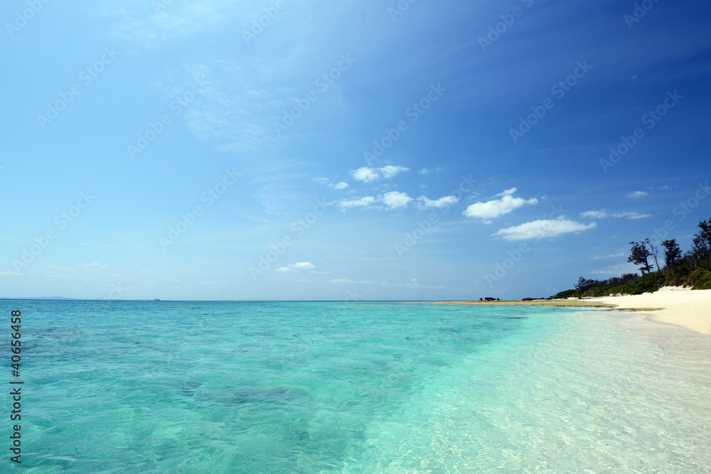 南国沖縄の透明なサンゴの海と紺碧の空