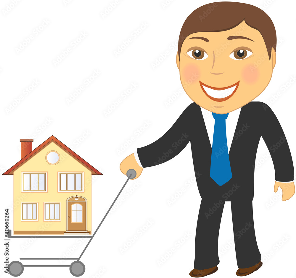 happy cartoon man with shopping cart and house happy cartoon man with shopping cart and house
