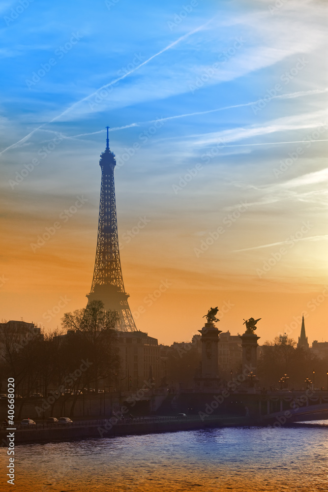 Eiffel tower and The Alexander III Bridge. Paris,Sunset....