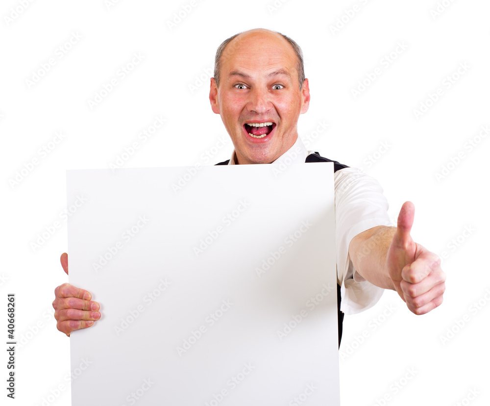 Mann zeigt Daumen hoch mit Werbeschild in der Hand Mann zeigt Daumen hoch mit Werbeschild in der Hand