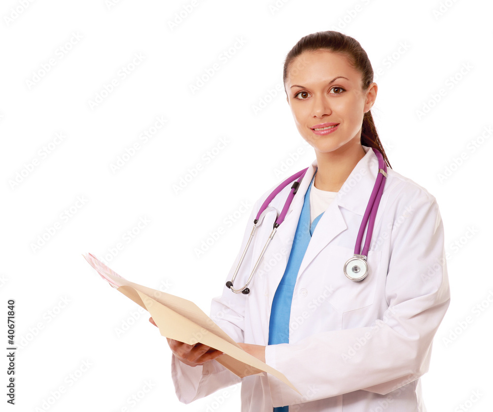 A female doctor holding a folder A female doctor holding a folder