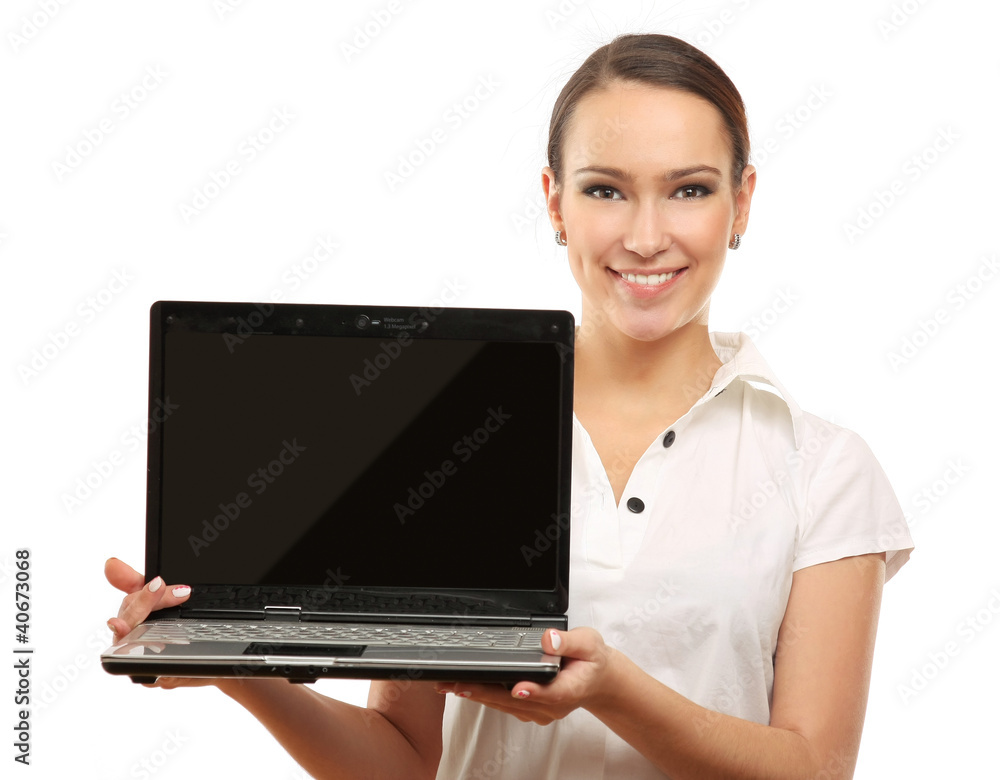 Smiling woman presenting laptop isolated on white background Smiling woman presenting laptop isolated on white background