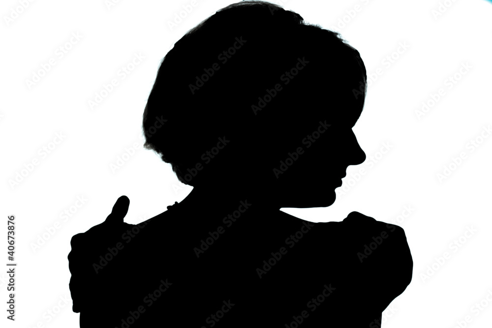 Silhouette of profile of woman embracing herself, as logo Silhouette of profile of woman embracing herself, as logo