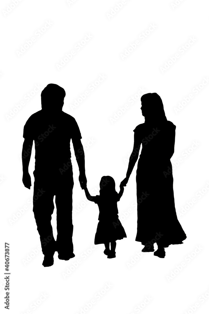 Silhouette family, woman, man, baby girl.