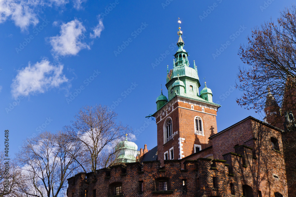 Tower of Wawel cathedral in royal city of Krakow, Poland