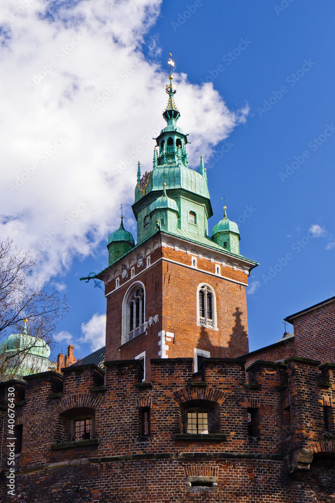 Tower of Wawel cathedral in royal city of Krakow, Poland