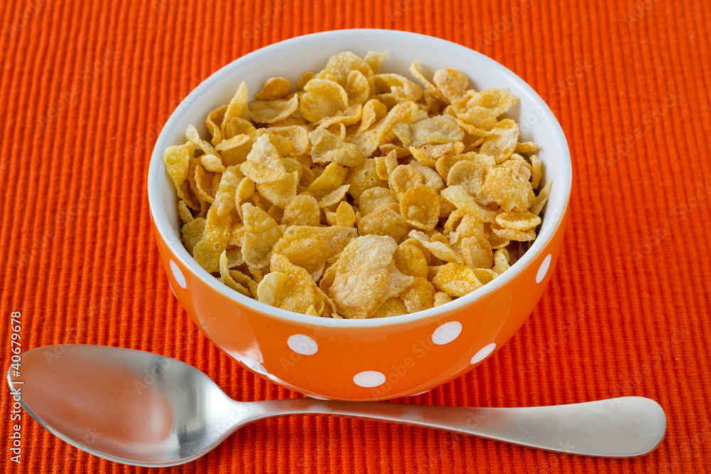 cornflakes in the bowl with spoon cornflakes in the bowl with spoon