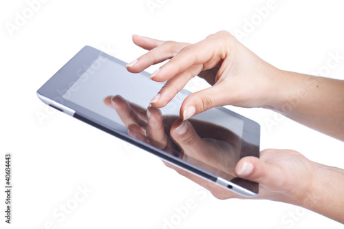 hands holding and point on modern electronic digital frame with