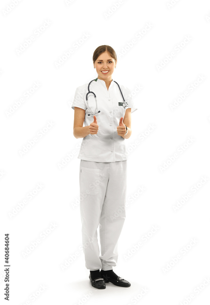 A young Caucasian female doctor in white clothes A young Caucasian female doctor in white clothes