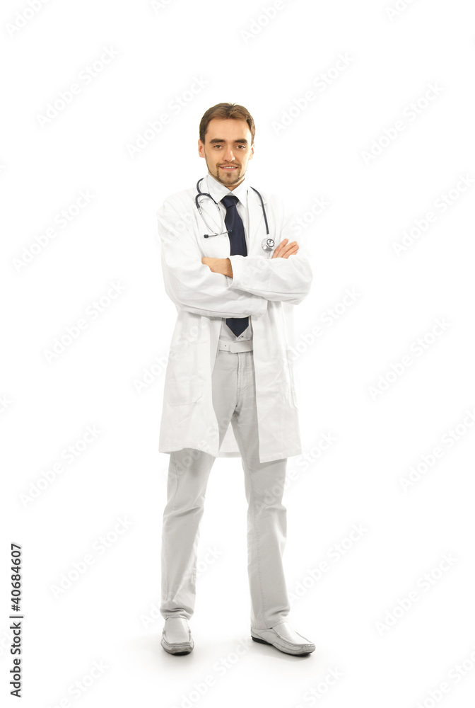 A young brunette Caucasian doctor in white clothes A young brunette Caucasian doctor in white clothes