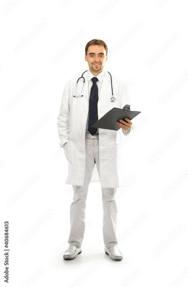 A young and smart Caucasian male doctor in white clothes A young and smart Caucasian male doctor in white clothes