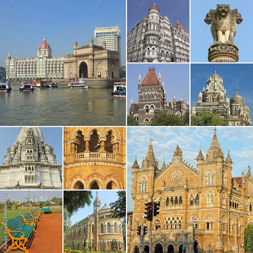 collage with symbols of indian city Mumbai ( Bombay )