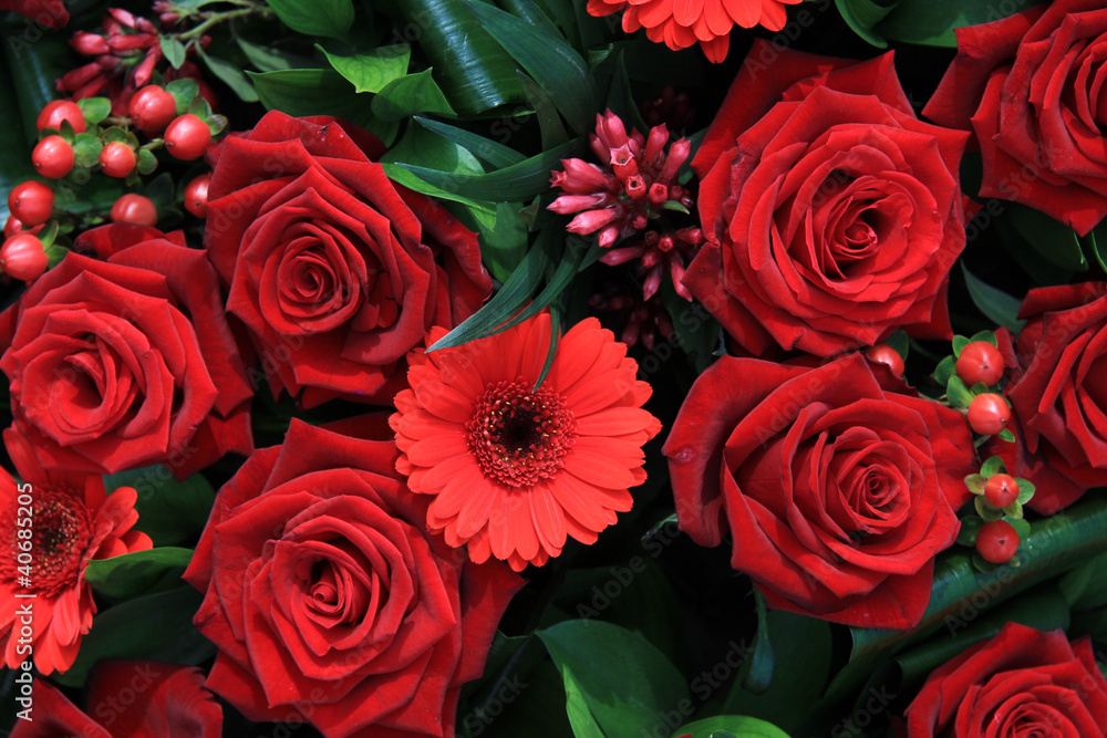 Naklejka premium red flower composition, roses and gerberas