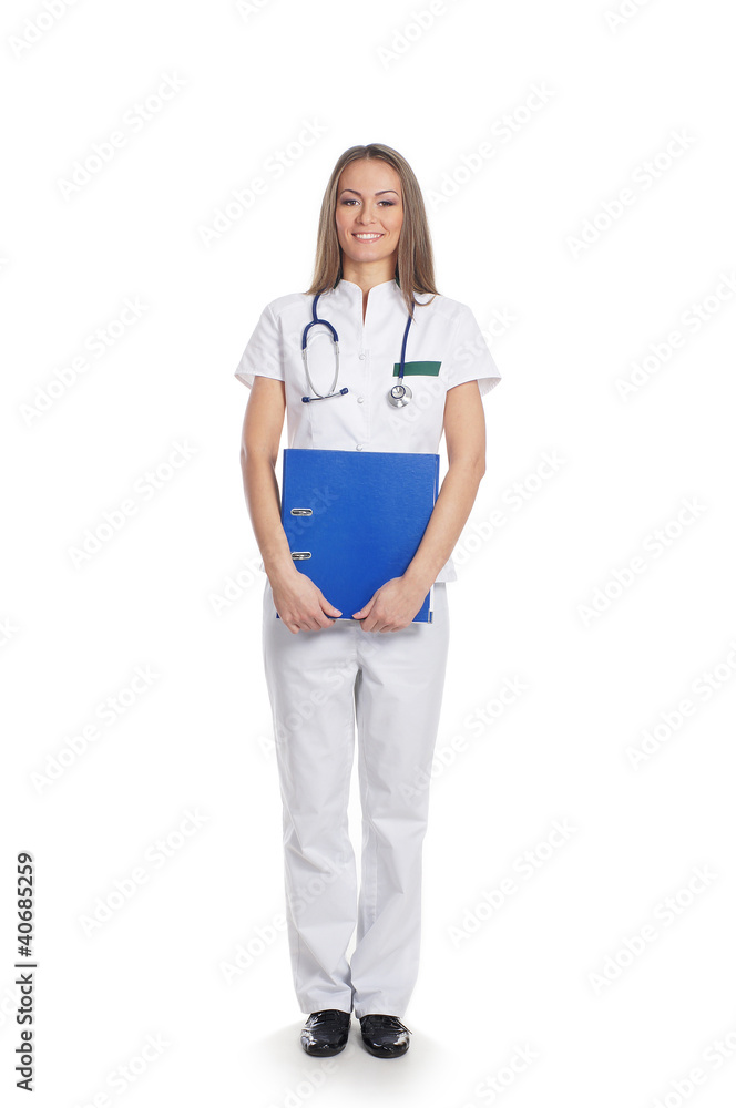 A young Caucasian female doctor in white clothes A young Caucasian female doctor in white clothes