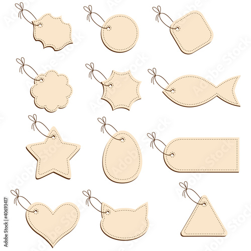 Beige labels on a string