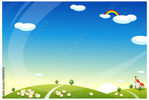 Sheep Grazing on Rolling landscape and church