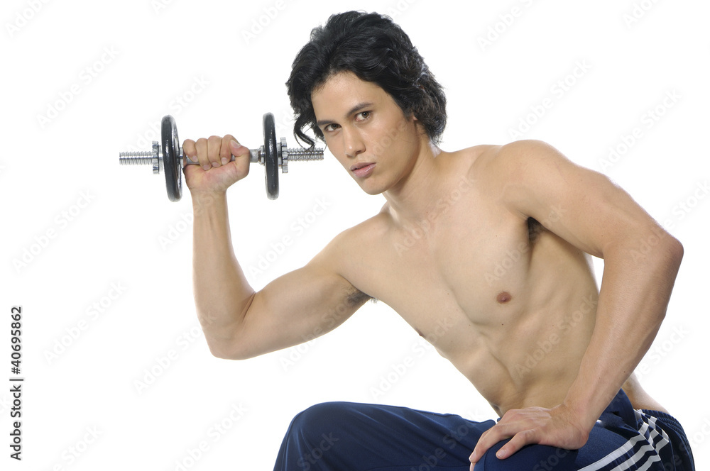 young fit man lifting weights doing bicep curls over white young fit man lifting weights doing bicep curls over white
