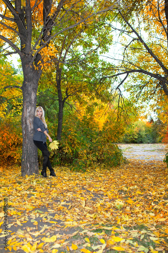 Young beautiful woman in autumn park