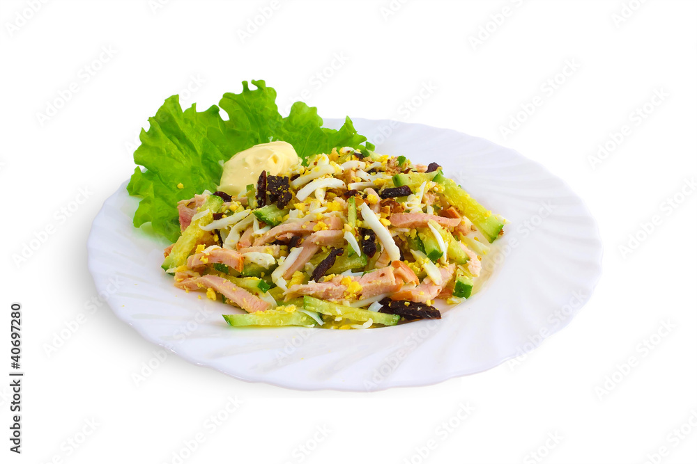 fresh salad with ham, egg and vegetables isolated on white backg fresh salad with ham, egg and vegetables isolated on white backg