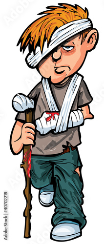 Cartoon injured white man with walking stick and bandages