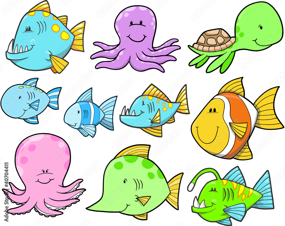 Fototapeta premium Ocean Sea Creatures and Fish Set