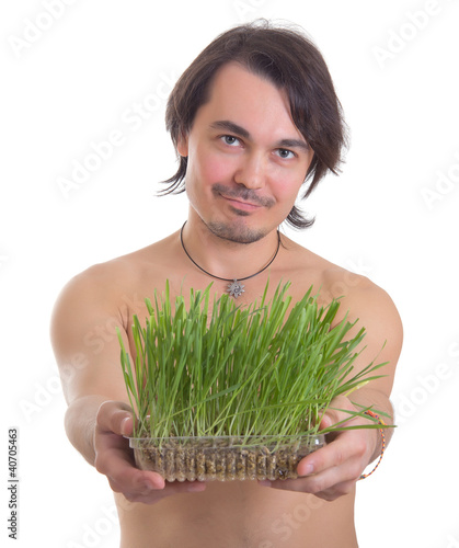 man holding grass flowerpot isolated on white background